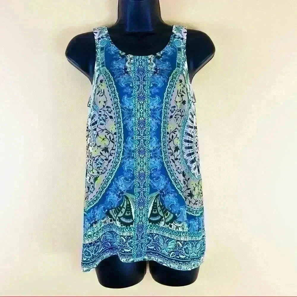 Etcetera Mandala Blue Floral Sleeveless Wrap Open Back Scoop Neck Top